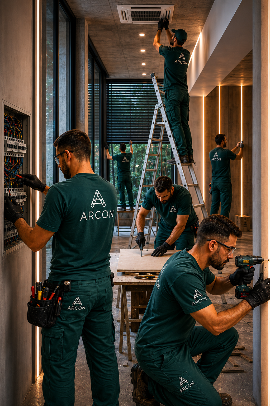 Equipe ARCON em obra executando acabamento técnico — aplicação de massa, drywall, nível laser