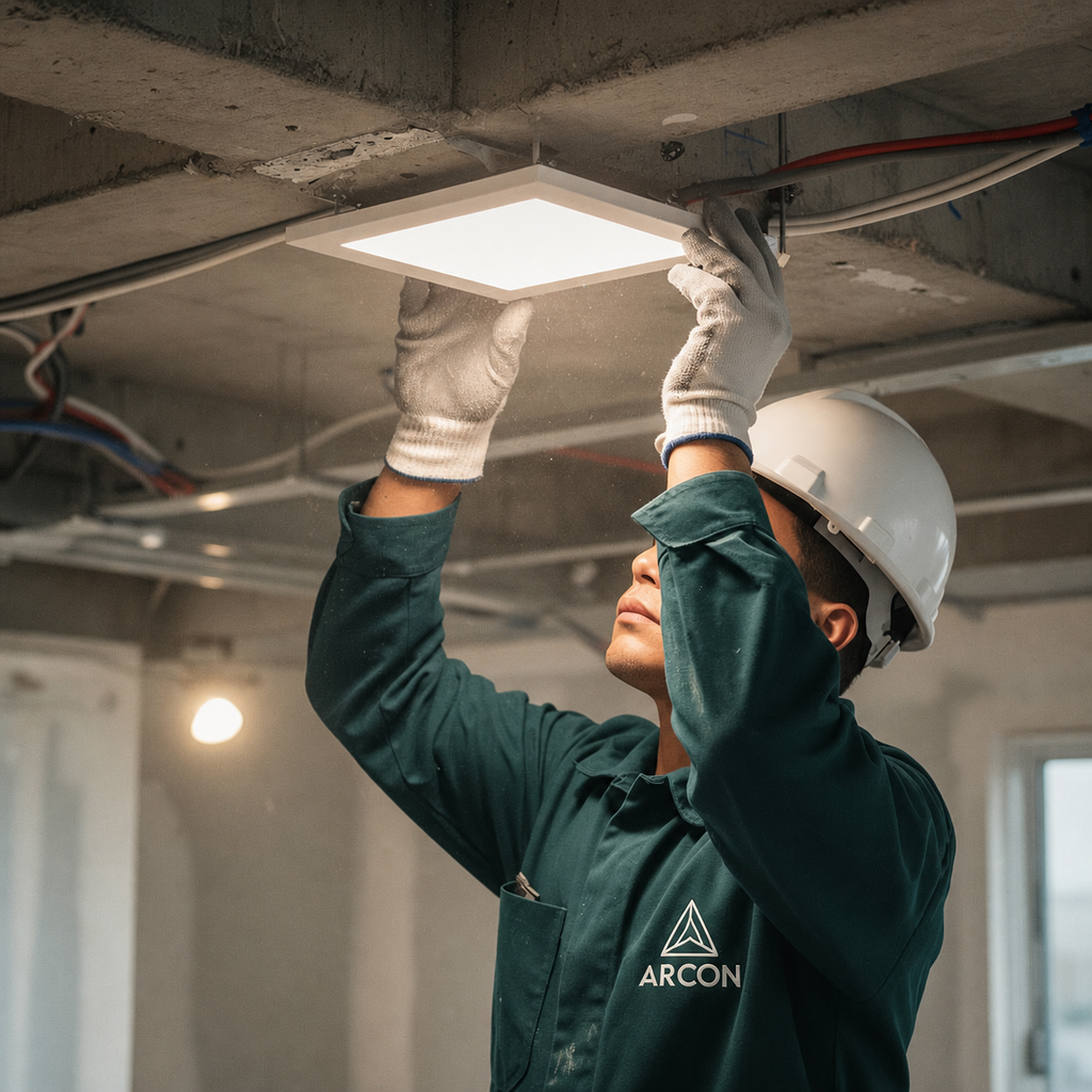 Instalação de painel LED de teto pela equipe ARCON
