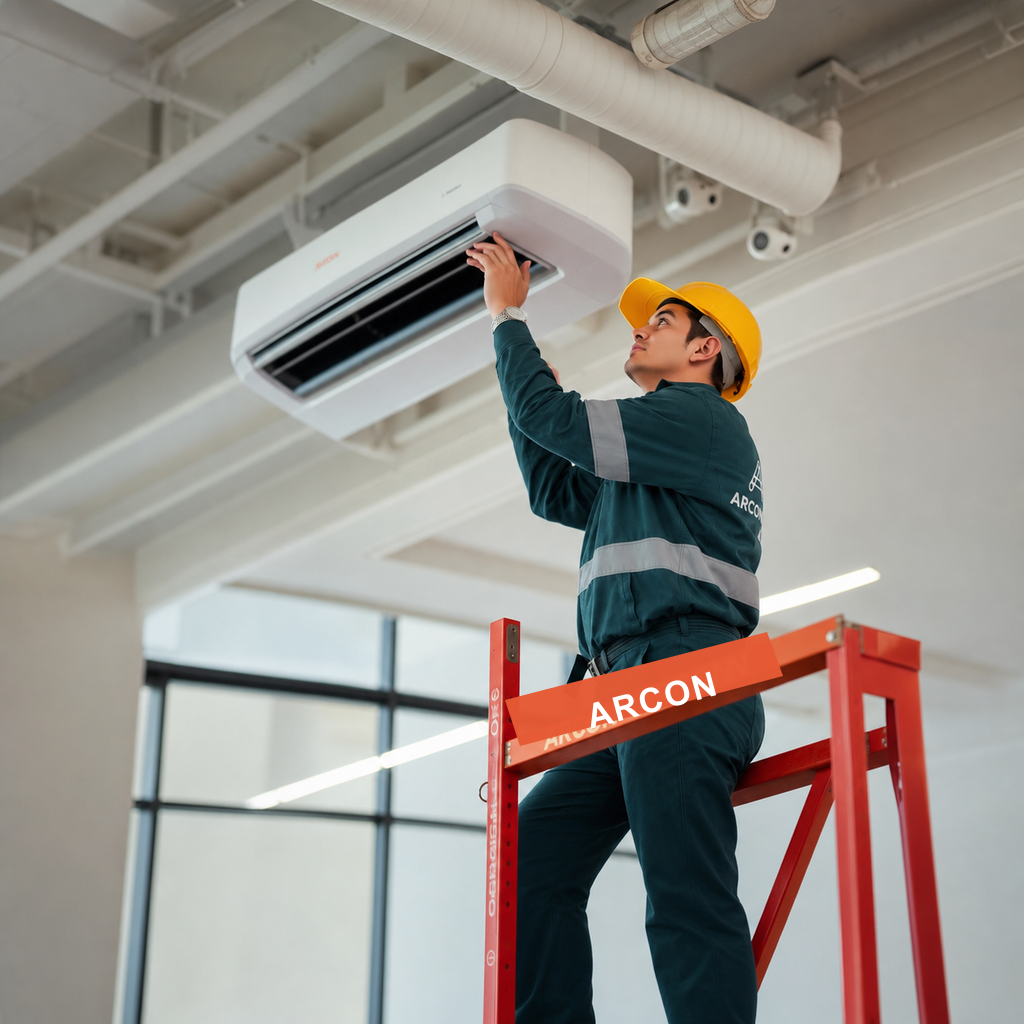 Equipe ARCON em andaime executando ar-condicionado e pintura