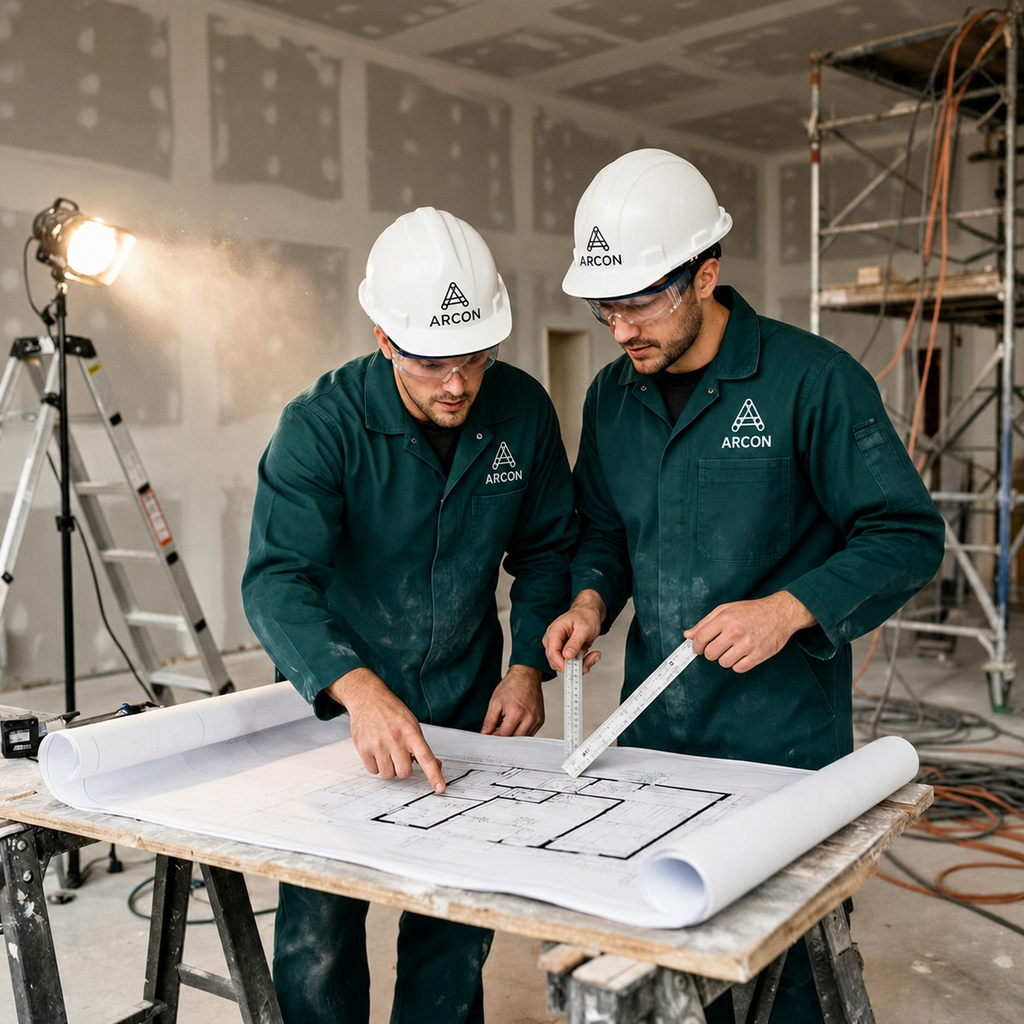 Engenheiros ARCON analisando projeto no canteiro