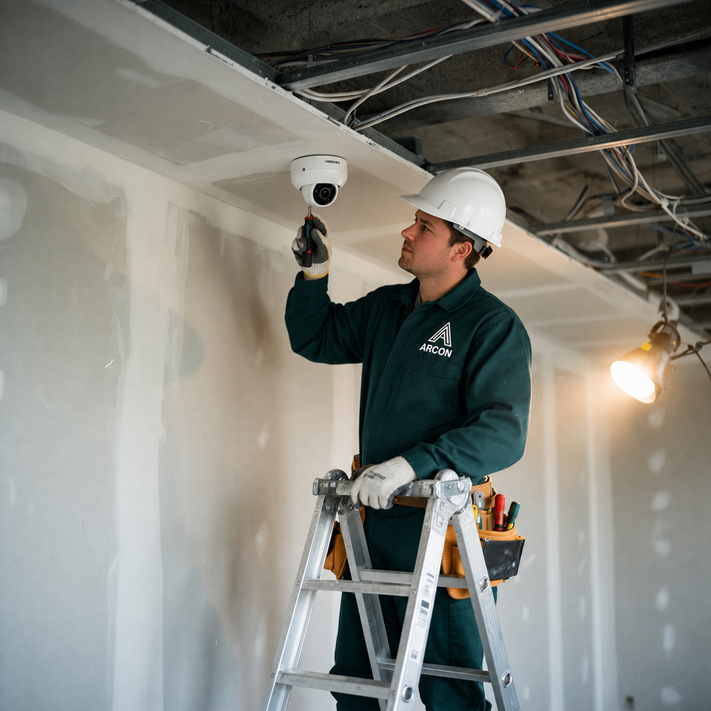 Técnico ARCON instalando câmera de segurança