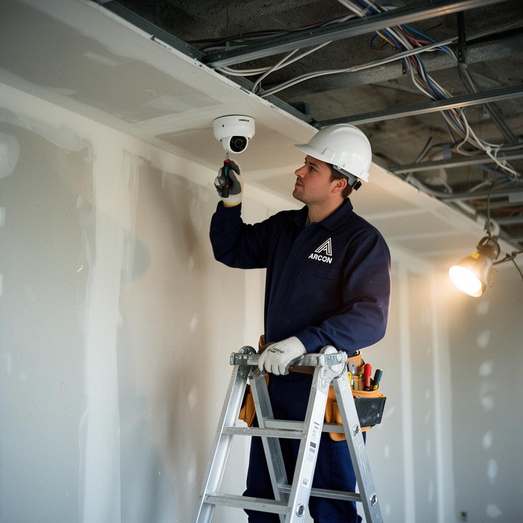 Técnico ARCON instalando câmera de segurança