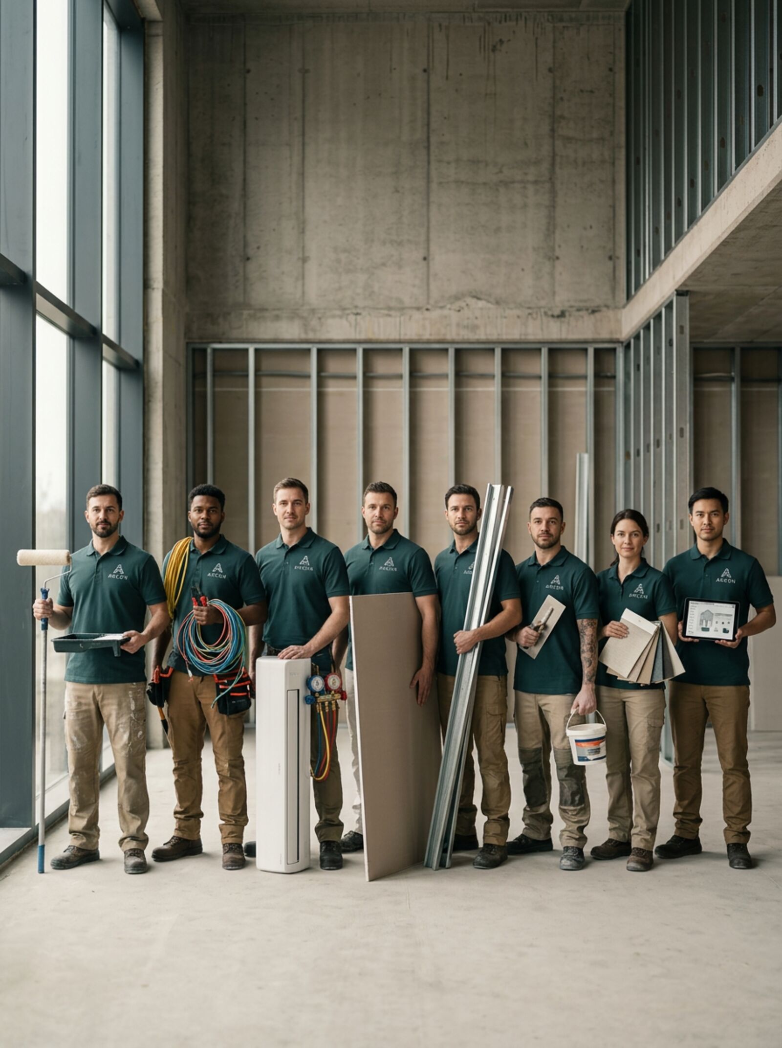 Equipe ARCON reunida: profissionais de pintura, elétrica, climatização, drywall, steel frame, hidráulica, persianas e automação juntos em obra
